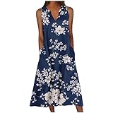 Komiseup Sommerkleid Damen Lang Midiklied Elegant V-Ausschnitt ärmellos Sommerkleider Leicht und Lufte Blumenkleid Frauen Lässig Strandkleid Lose Freizeitkleid