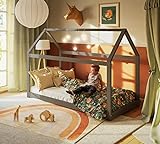 Alcube® Hausbett 90x200 im Montessori Stil für Kleinkinder mit Lattenrost und Dach für Mädchen und Jungen - Kinderbett 90x200 Bodentief aus massivem Kiefernholz - Bett in Grau