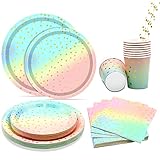 Feelhap Partygeschirr Set für 25 Gäste,125 Stück Partygeschirr Kindergeburtstag Regenbogen Party Set mit Papier Teller Tassen Servietten Strohhalme,Rosagold Geschirr Set (Tägliche Party Geschirr)