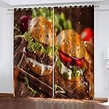 2 Stücke Thermogardine Schlafzimmer Wohnzimmer Modern Digitaldruck 3D Western-Burger-Poster Vorhang Blickdicht Kinderzaimmer Fensterdekoration, Schallschutz Verdunkelungsvorhang 150X160cm