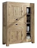 WOLFMÖBEL Highboard YOGA mit 1 Glas- / 2 Holztüren / 2 Schubladen, 43 x 110 x 150 cm, Shisham, Farbe: natur