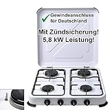 Gaskocher Campingkocher 4-flammig mit Zündsicherung Gasherd Gas-Kochfeld 50 mbar mit Deckel Weiss