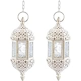 BURLOE Marokkanische Hängend, Laterne Teelichthalter 2 Stücke Metall Glas Indoor Outdoor Batteriebetriebene LED Flammenlos Mit 35cm Kette Romantische Dekoration,Weiß