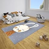 HANSE Home Teppich Kinderzimmer Kinderteppich Bunny Polly – Junge Mädchen Spielteppich Kurzflor Teppich Modern Haase Haasenmotiv, Weicher Flor, Pflegeleicht - Grau Senfgelb, 160x220cm