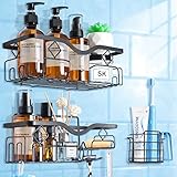 Duschablage Ohne Bohren Selbstklebend 3 Stück, Duschregal Rostfrei Duschkorb Ohne Bohren Schwarz mit Seifenschale und Haken, Badezimmer Regal Organizer für Küche Bad Seife Shampoo Duschgel Zahnbürste