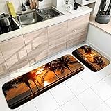 Banemi Rutschmatte Teppich, Küche Bodenmatte Waschbar Orangeblau Sonnenuntergang Coconut Beach 40X60cm+40X120cm Heimtextilien