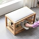 Schuhbank im Chinesischen Stil,Premium Massivholz Schuhregal Bank Schuhorganisator Aufbewahrung,Bequeme Eingangsbank Sitzbank Mit 2-stufigem Holzschuhregal-D(Baumwolle&Leinen) 80x45x35cm(31x