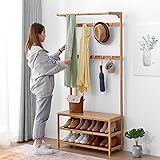 Garderobenständer Vielseitiger, industrieller Bambus-Garderobenständer 4-in-1 mit 2 Regalen, Kleiderbügelhaken und Sitzbank, für Flur, Wohnzimmer, Schlafzimmer/Natur/90 cm
