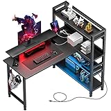 COMHOMA Schreibtisch, Computertisch Gaming-Schreibtisch PC-Tisch Bürotisch mit 4 Ablagen Netzsteckdose, eingebaute LED-Lichter, USB-Bürotisch, Monitorständer, 55 Zoll