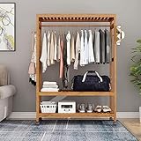 Qcesorib Kleiderständer Garderobe Bambus, Garderobenständer auf 4 Rollen, Offener Kleiderschrank mit Schuhablage Kleiderstange Haken, Stabil für Schlafzimmer Flur - L100CM