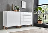 moebel-dich-auf Kommode Ben Set 3 mit Holzfüßen Sideboard Türkommode Schubkastenkommode (weiß/weiß Hochglanz)