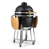 Klarstein Kamado-Grill - zum Grillen, langsamen Garen, Smoken oder Backen, abnehmbare Seitenteile, Keramik, Edelstahl, Bambus, Thermometer von 0-450 °C, 3 Rollen, 75 x 132 x 125 cm, schwarz