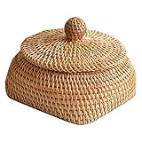 YARNOW Rattan Korb Geflochtener Korb Stroh Aufbewahrungskorb mit Deckel Eierkorb Obstkorb Snackkorb Desktop Organizer Gewebter Korb für Zuhause Wohnzimmer Badezimmer