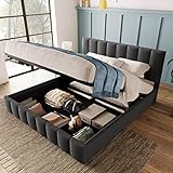 Hydraulisch Doppelbett Polsterbett 140x200cm,Verstellbares Kopfteil, Bett mit Lattenrost aus Metallrahmen, Leinenmaterial, Modernes Bettgestell mit Stauraum, Großer Stauraum, Grau(Ohne Matratze)