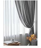 Vorhang Gardine 2Er Set, Gardinen Durchsichtig Einfarbig Crinkle Streifen Vorhänge 140x215 cm Grau Vorhang für Balkon