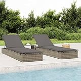 Yolola Sonnenliege Rattan 2 STK Doppel Sonnenliege Outdoor Rattan Gartenliege Verstellbare mit Tisch Relaxliege Gartenmöbel Liege Strandliege Grau