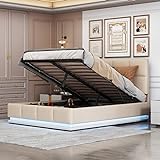 Azkoeesy 140x200 cm Polsterbett, LED-Bett, Hydraulisch Doppelbett mit Stauraum Bettkasten,Bezug aus Kunstleder, mit Lattenrost aus Metallrahmen (Beige)