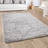 Paco Home Hochflor Teppich Wohnzimmer Shaggy Moderner Fellteppich Imitat Kunstfell Flauschig rutschfest Einfarbig Silber Grau , Grösse:140x200 cm