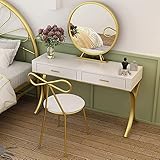 BUJOG Weißes Schminktisch-Set, Eck-Schminktisch mit 2 Schubladen, 1 Spiegel, 7 Regalen und Hocker, Schlafzimmermöbel