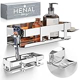 HENAL® Duschablage SET 5 in 1, Hochglanz Edelstahl-Duschablage ohne bohren, Duschregal inklusive Rasiererhalter, Duschabzieher-Halter, Seifenschale & Haken, XXL bathroom organizer