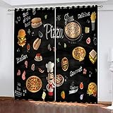 TEMKIN Vorhang Kinderzimmer 3D Western-Pizza-Plakat Muster Thermogardine 2Er Set, Ösenschal Blickdicht Schlafzimmer Küche Wohnzimmer Modern, Verdunkelungsvorhang Fensterdekoration 160X200cm (HxB)