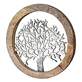 Wandbild Ø25cm Lebensbaum Metall Holz Mango Silber Braun Bild Wand-Deko Hänger Wandhänger Wandobjekt