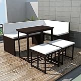 JUNZAI 5-TLG. Garten-Essgruppe, Gartenmöbel Set, Gartengarnitur, Garten Sitzgruppe, Lounge Set, Loungemöbel, Stahl Poly Rattan Braun