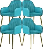 HAVMAK Moderne Küche, Esszimmerstühle, 4er-Set, Leder, Theke, Lounge, Wohnzimmer, Empfangsstuhl mit ergonomischen Armlehnen, Rückenlehne und vergoldetem Fuß aus Karbonstahl (Farbe: Blau)
