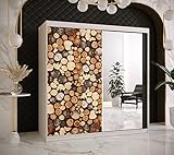 MINIO go for it - Schiebetürenschrank Wood I 180x200x62 cm I mit Holzmuster I Kleiderschrank aus Laminierter Platte I Aluminiumführungen I 2 Stangen I 9 Einlegeböden I Weiß Matt/Holzmuster