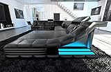 Wohnlandschaft Turino XXL Sofa in Leder - mit LED Beleuchtung, verstellbare Kopfstützen, Recamiere/Lederfarben wählbar/Ausrichtung wählbar (Ottomane rechts, Black)