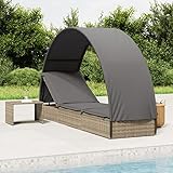 Homgoday Sonnenliege mit Dach Gartenliege Doppelliege Relaxliege Gartenmöbel Liege Strandliege Beide Seiten sind Verstellbar für Garten Terrasse Grau 211x57x140 cm Poly Rattan