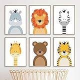 6 Stück Abstrakte Löwe Tiger Zebra Bär Giraffe Waschbär Wandkunst Poster Drucke Nordische Leinwandmalerei Waldtiere Bilder für Kinderzimmer Dekor-40 * 60Cm/16 * 24 Zoll (Ungerahmt)