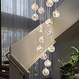 KAUCQI 15 Glaskugel LED Pendelleuchte, Treppenhaus LED Kronleuchter, 75W Kreativer Sternenklarer Langer Pendellampe, Hängeleuchten mit Verstellbarer Länge