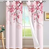 SJSXWQN Gardinen Rosa KirschblüTe Vorhänge mit Ösen Vorhang Blickdicht Thermo Verdunklungsvorhänge Schiebegardinen für Schlafzimmer Wohnzimmer H 220 x B 140 cm 2er Set