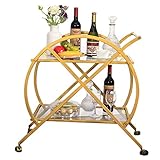 Wagenregal mit Rädern, Regal, Weinregal, Lagerwagen, Rollregal, 2 Etagen, Lagerregal, Wagen, Stahlrahmen + Klarglas, Gold