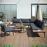 TVIAOH Gartenlounge-Set, 6-Personen-Sitzgruppe mit Kissen, Ecksofa-Set aus Stahl + Massivholz, Inklusive Sitzkissen und Rückenlehne, 2 Rundtische aus Massivholz