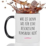 Fräulein Heiligenscheiss - Was ist denn das für eine beschissene Bumsbude hier? | Kaffee Tasse mit Spruch | lustige Geschenke für Kollegen und Freunde | Statement Becher (Schwarz)