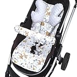 Sitzauflage Kinderwagen Einlage - Buggy Auflage Sitzeinlage für Kindersitz atmungsaktiv universal Set mit Gürtelschutz 75 x 35 cm Weiß Hirsch