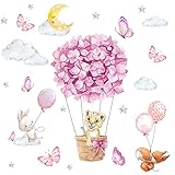 TOARTI Wandsticker Kinderzimmer,Rosa Wandtattoo,Tiere Heißluftballon Wandaufkleber,Blumen Wanddeko,DIY Fuchs Hase Babyzimmer Wandbild Mädchen Junge Schlafzimmer Wanddeko