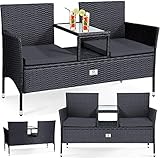 KESSER® Polyrattan Gartenbank 2-Sitzer Bank mit integriertem inkl. Tisch & Kissen - 133 × 63 × 84 cm - Rattan Sitzbank Garten Balkon Gartensofa wetterfest Sitzgruppe Ultra Stabile, Anthrazit