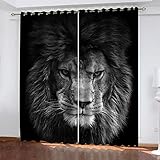 LAMPPE Thermovorhänge Wohnzimmer Modern Blickdicht 3D Grauer Tierlöwe Muster H 210 X B 110 cm 2 Stücke Blickdicht Schlaufenschal Verdunkelungsvorhang Vorhänge Gardinen Mit Ösen Fensterdeko