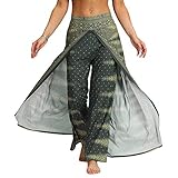 Nuofengkudu Damen Hippie Lange Hosen mit Schlitz Lockere Weites Bein Pumphosen Yogahose Leichte Luftige Elegant Sommerhose Leicht Freizeit Strand Urlaub (Grün,S/M)