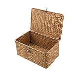 Esoes Aufbewahrungskorb aus geflochtenem Rattan, Aufbewahrungsbox mit Deckel, Seegras, Wäschekörbe, Make-up-Organizer für Badezimmer, Wohnzimmer, Küche (XXL)