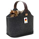 Filz Holzkorb für Kaminholz - Made in Germany - Kaminholzkorb aus upcycling rPET Filz - Lederboden und Echtleder Henkel - Filzkorb Kaminholz mit 2 Aufsatztaschen - easy and green® (Anthrazit)