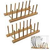 TSKDKIT 2 Stück Tellerständer Bambus Geschirrabtropfgestell Holz Teller Halter Geschirrständer Küche Topfdeckelhalter Deckelständer Tellerhalter Ständer für Schüsseln, Tassen, Schneidebrett, Buch