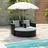 Yolola Gartenbett mit Sonnenschirm Sonneninsel Sonnenliege für 2 Personen Gartenliege Garten Rattanliege Loungebett Outdoor Liegestuhl Rattan Relaxliege Rattan-Lounge Set Schwarz und Weiß Poly Rattan