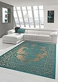 Moderner Teppich Designer Teppich Orientteppich Wohnzimmer Teppich mit Bordüre in Türkis Beige Größe 200 x 290 cm
