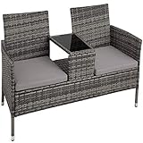 TecTake 404559 Poly Rattan Gartenbank mit Tisch, 2-Sitzer Bank, 131 x 61 x 82 cm, Sitzbank für Garten Balkon und Terrasse, Gartensitzbank inkl. Sitzkissen, grau-hellgrau