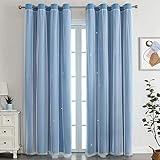 Nyescasa Verdunklungs Vorhänge Kinderzimmer Vorhang Doppellagige Gardienen mit Höhlen Sterne mit Voile Ösenschal für Wohnzimmer Schlafzimmer Mädchen Dekoschal 2er Set 130x100cm(H×B) Blau