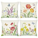 Bonhause 4er Set Kissenbezüge Blumen 45 x 45 cm Blume Garten Schmetterlinge Polyester Leinen Dekorative Kissenhülle Sommer Zierkissenbezüge für Sofa Schlafzimmer Wohnzimmer Zuhause Dekoration